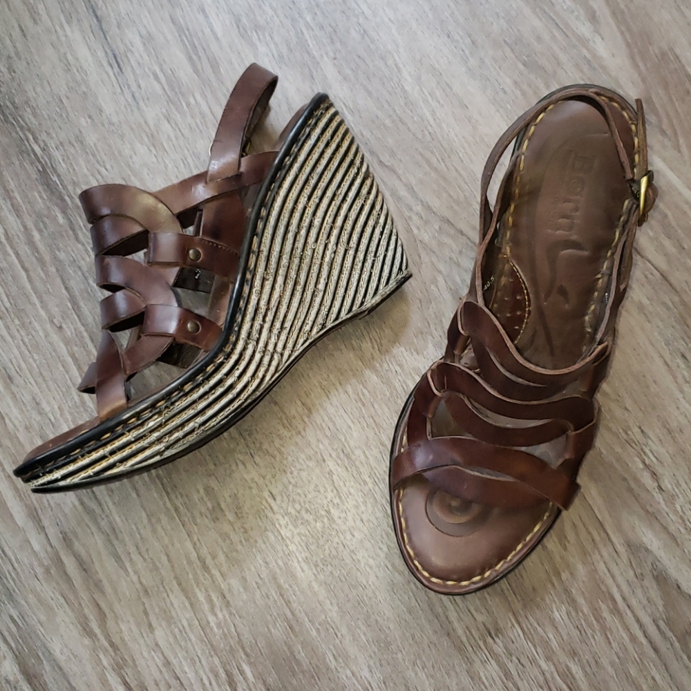 Born Brown Leather Handcrafted Wedge Sandals Boho
